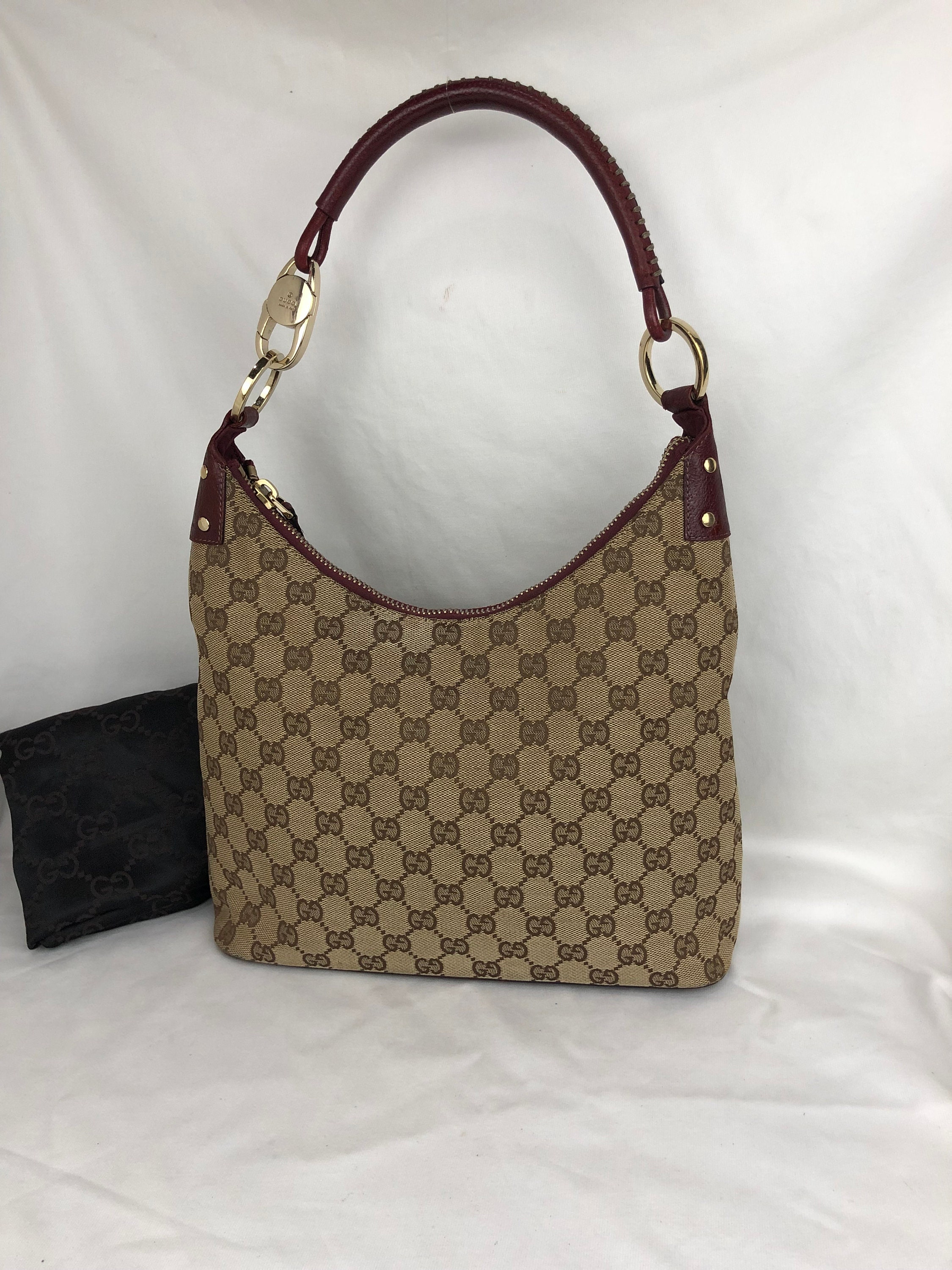 Gucci Monogram Web Reins Hobo Brown Canvas Shoulder Bag Leather