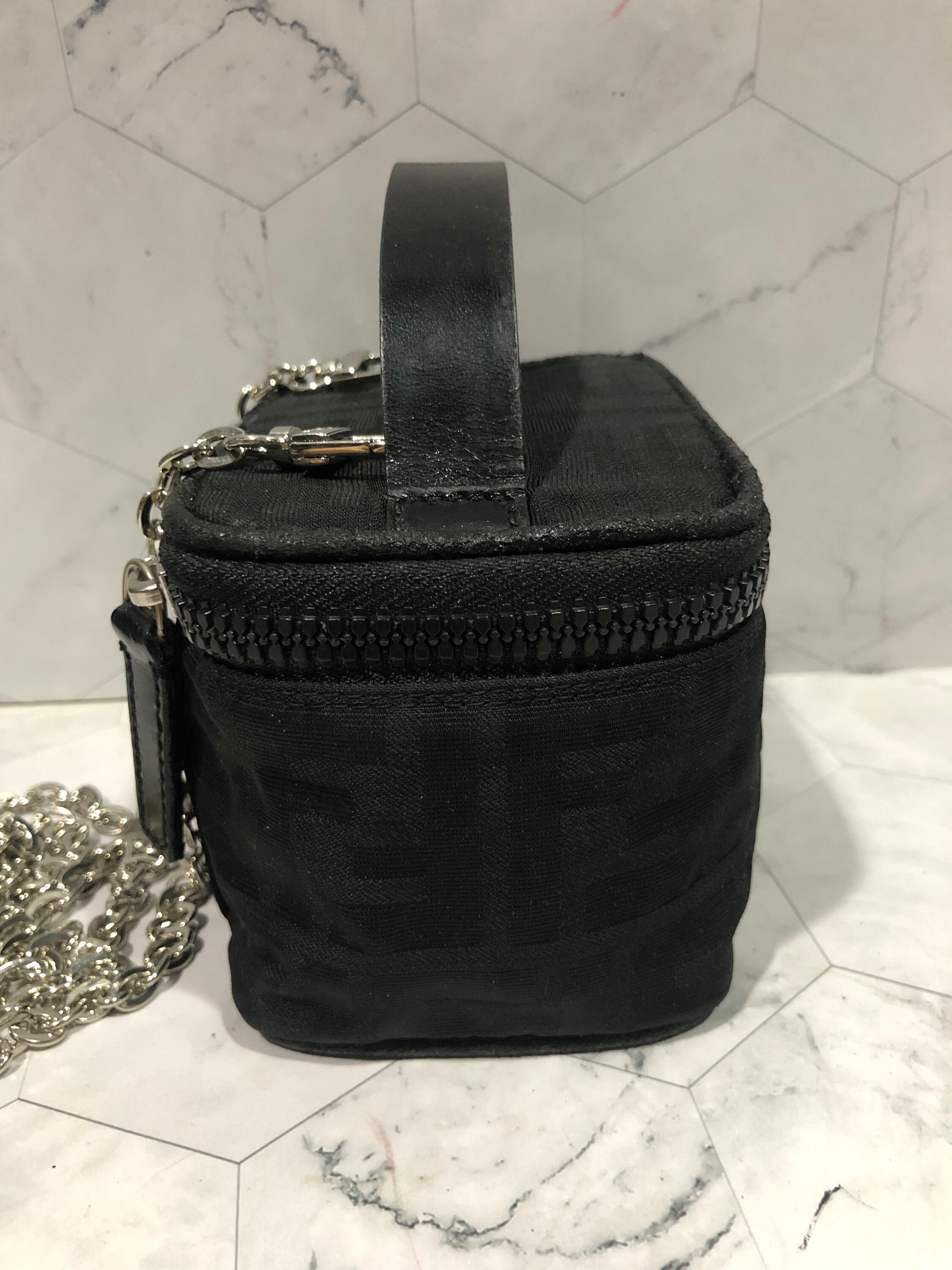 Fendi Mini Vanity Pouch Black Jacquard FF Logo Added Strap 