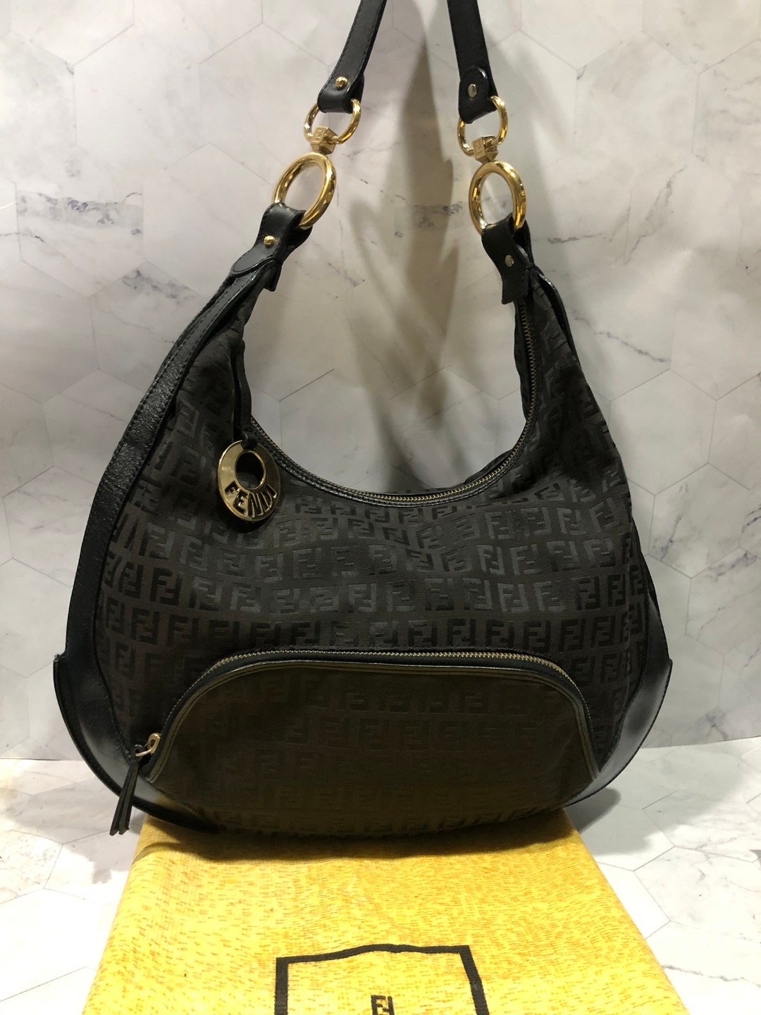 FENDI Kan I Embossed Leather Shoulder Bag - Excellent Condition & Authentic