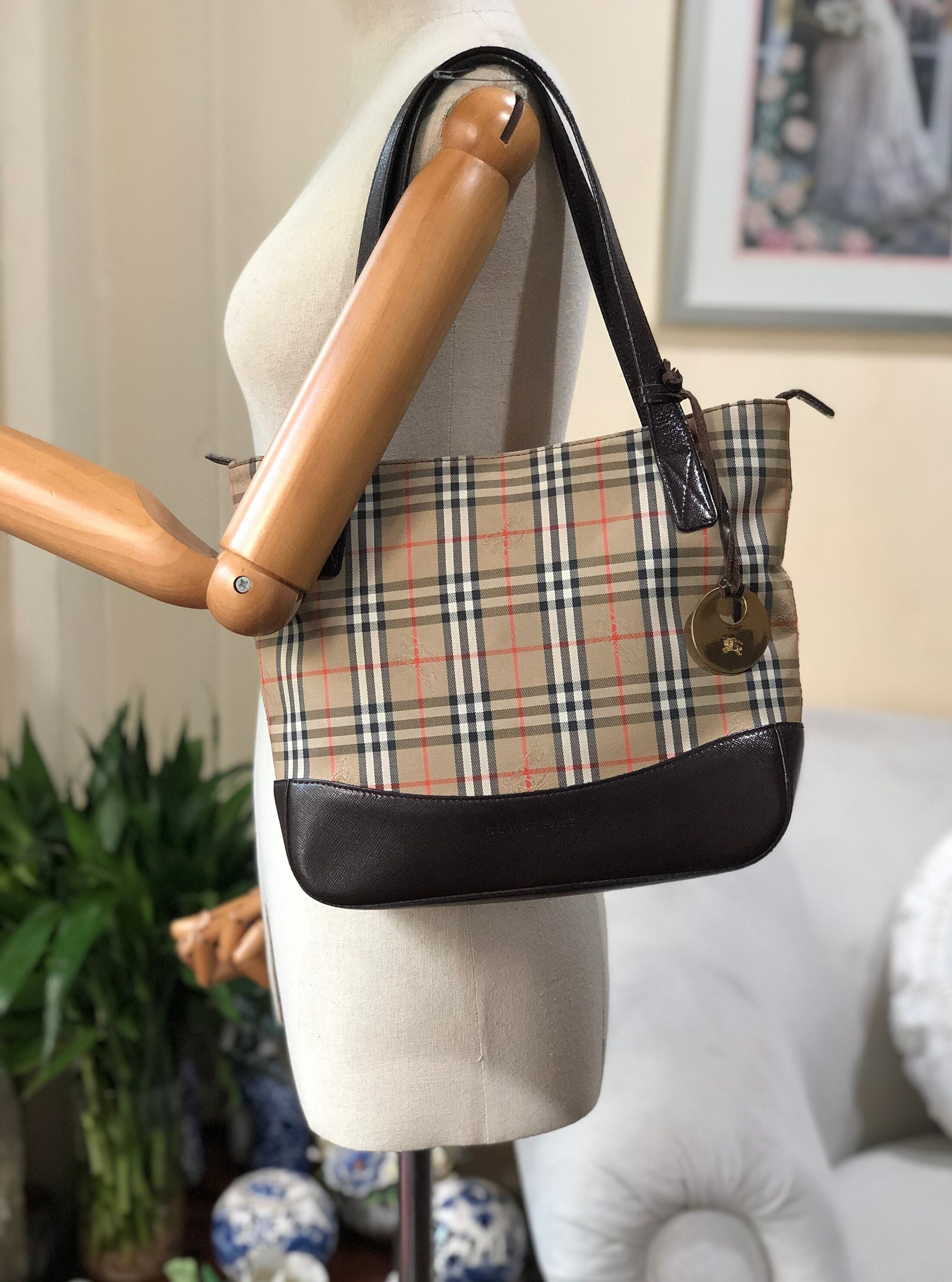 Authentic Burberry nova check bowling hand bag canvas and leather