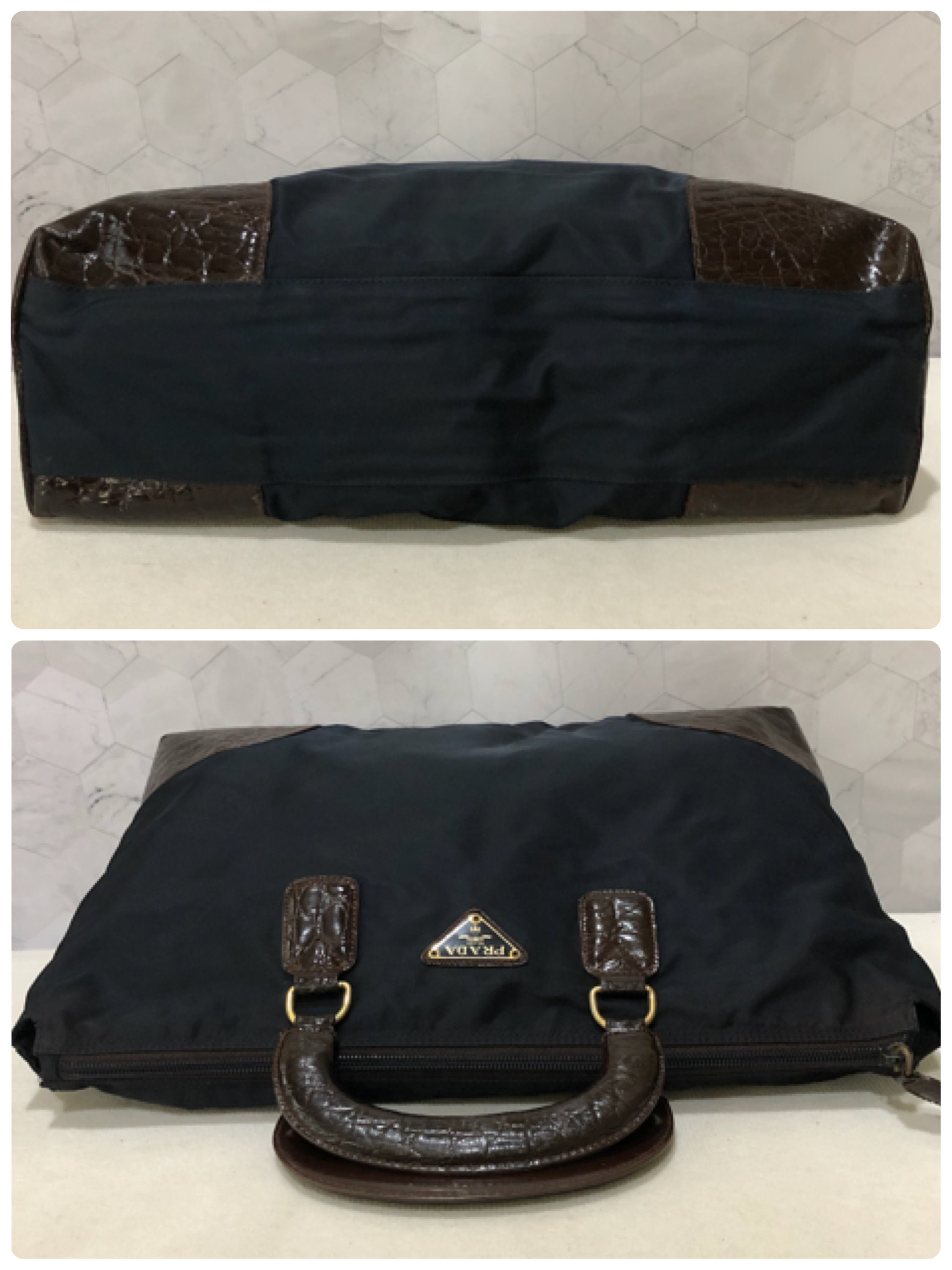 Prada Large Handbag Authentic Navy Blue Nylon Brown Leather 
