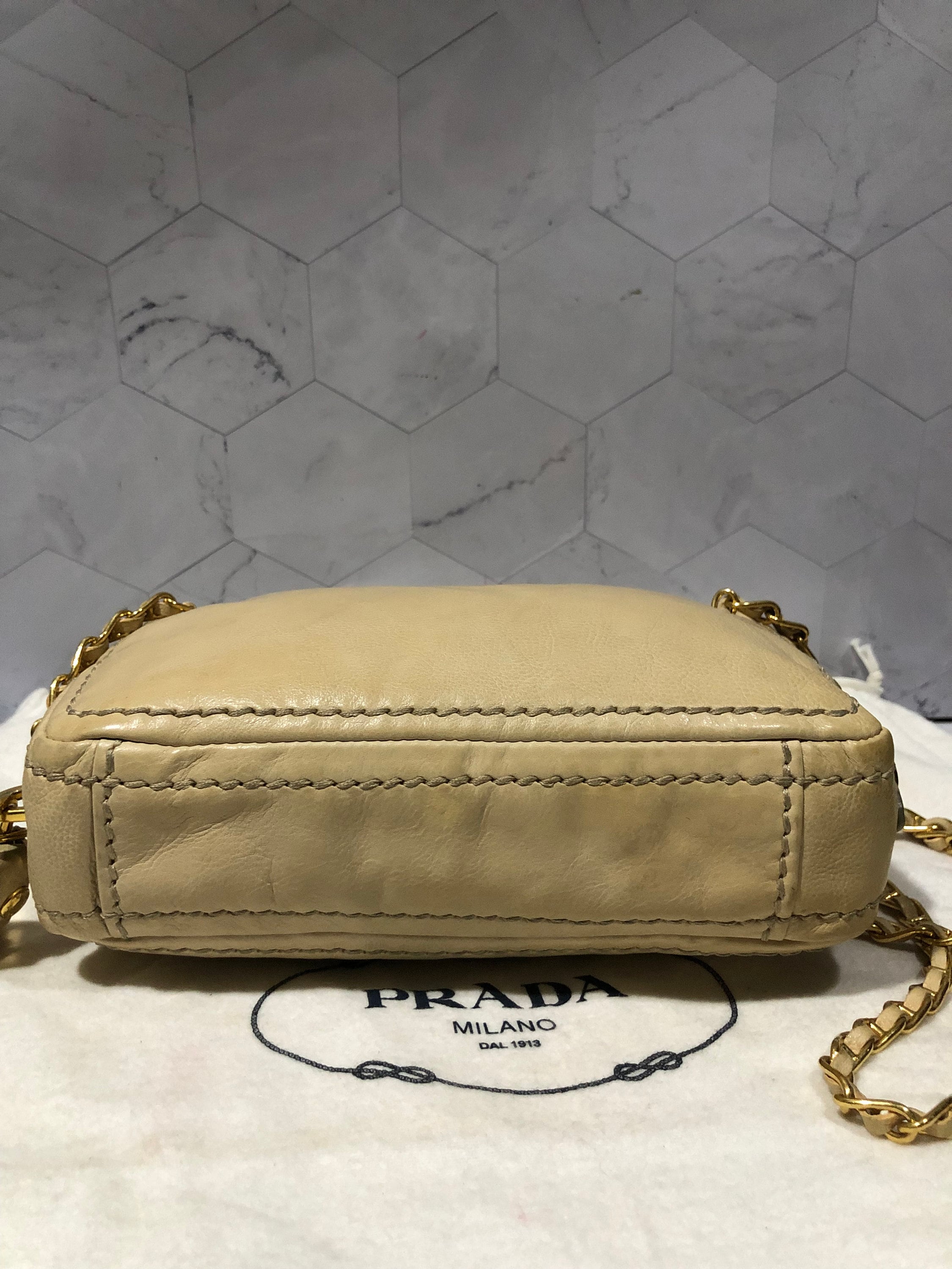 Prada Beige Lambskin Leather Chain Straps Shoulder Bag 