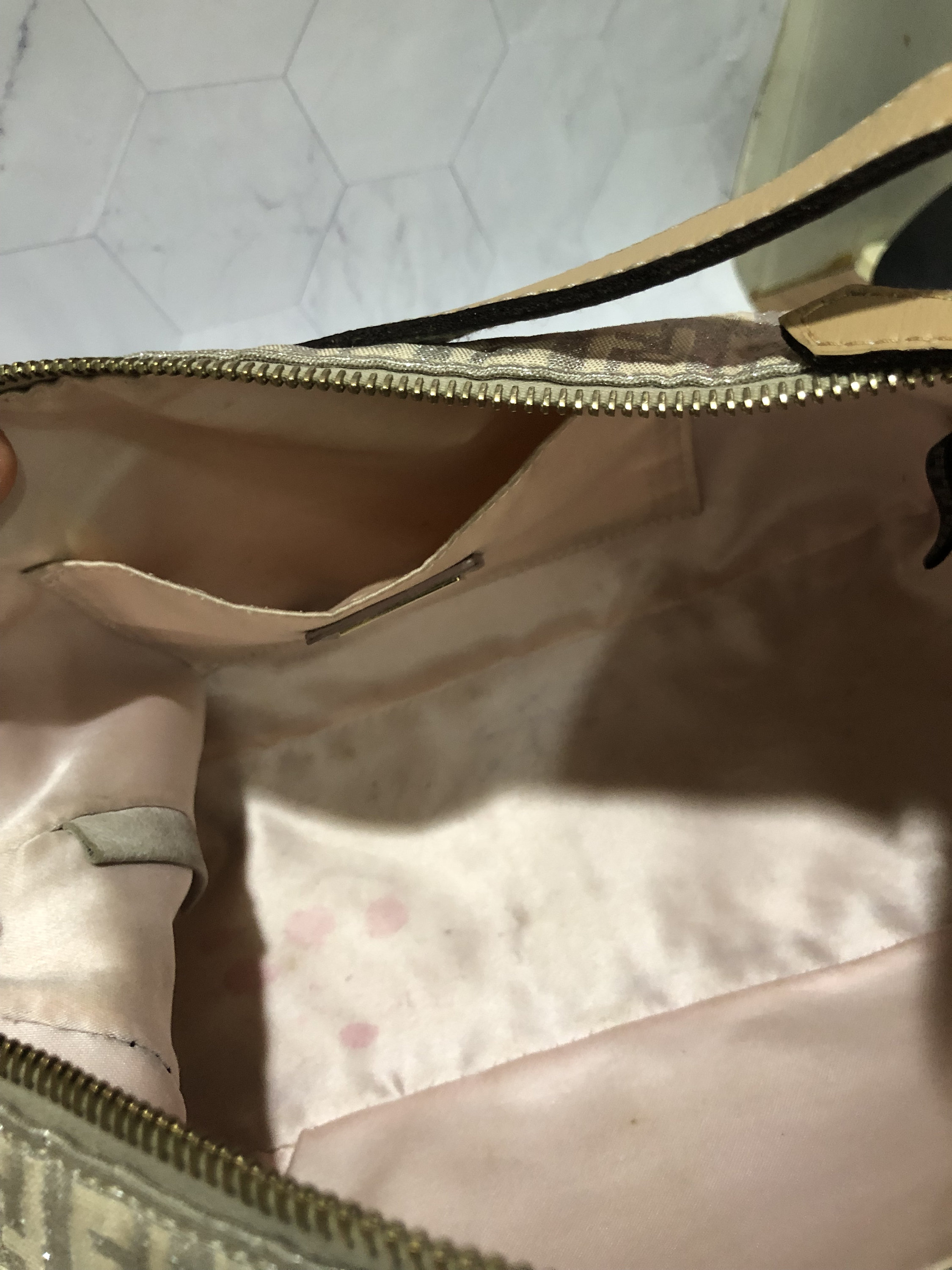 FENDI Baguette FF Beige Metallic Jacquard Canvas Shoulder Bag 
