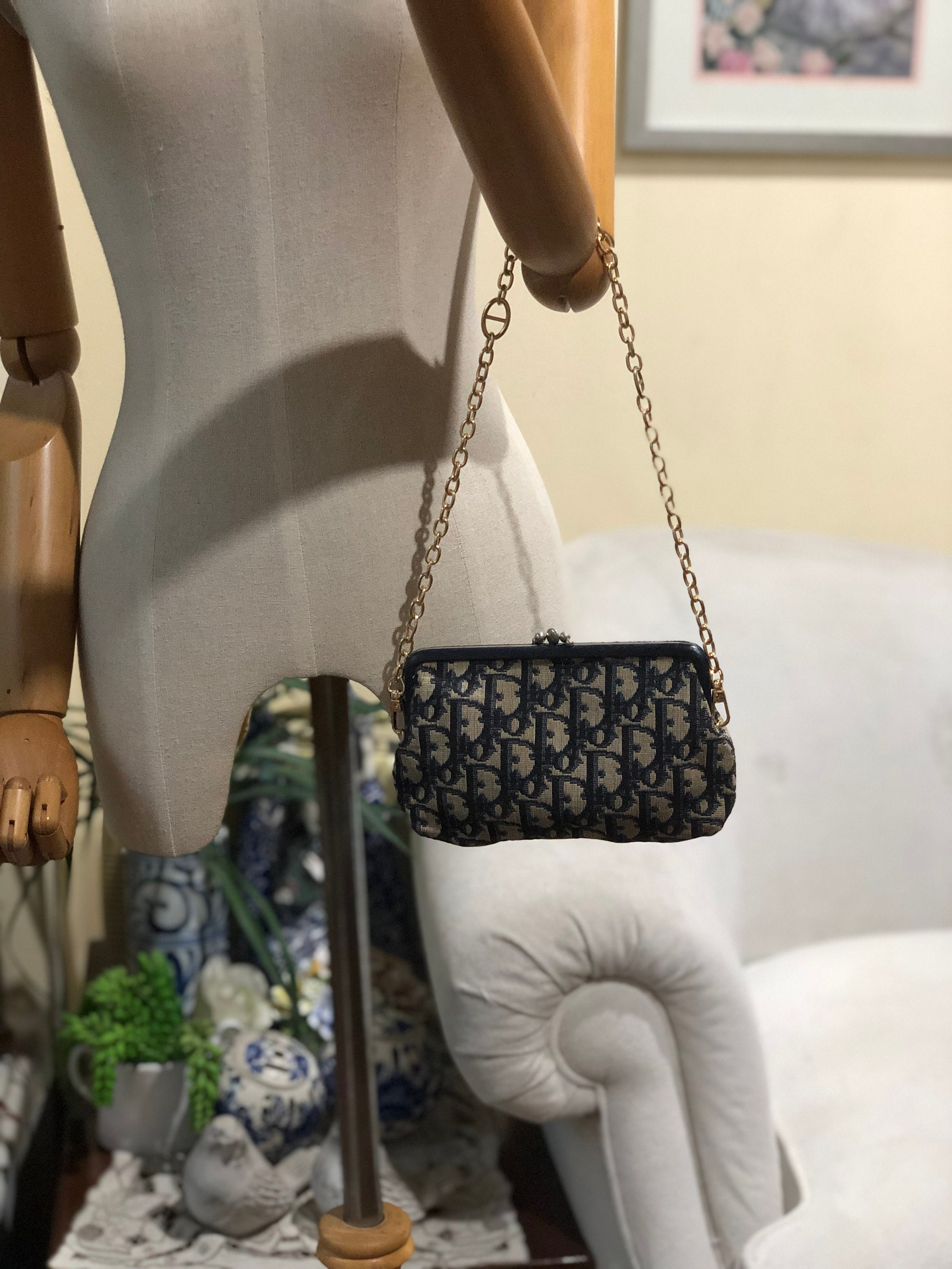 Dior Vintage Kiss-Lock Small Clutch Brown Trotter Jacquard Canvas Crossbody  Bag