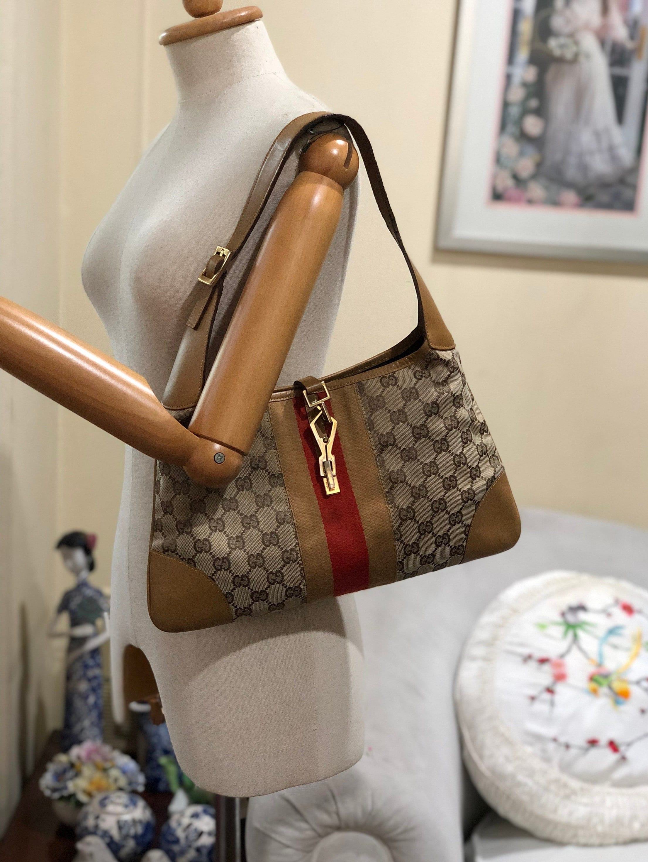 GUCCI Monogram Jackie O Flap Bag Brown 295273