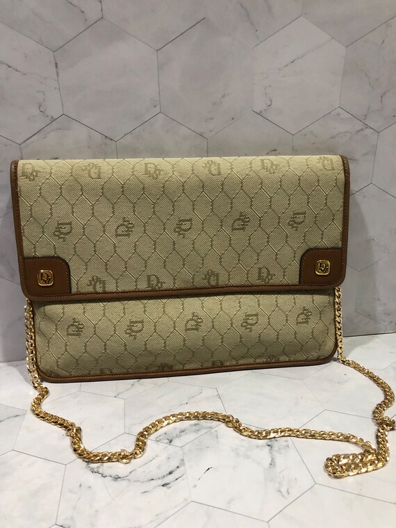 Christian Dior Clutch Authentic Beige Honeycomb Fabric & 