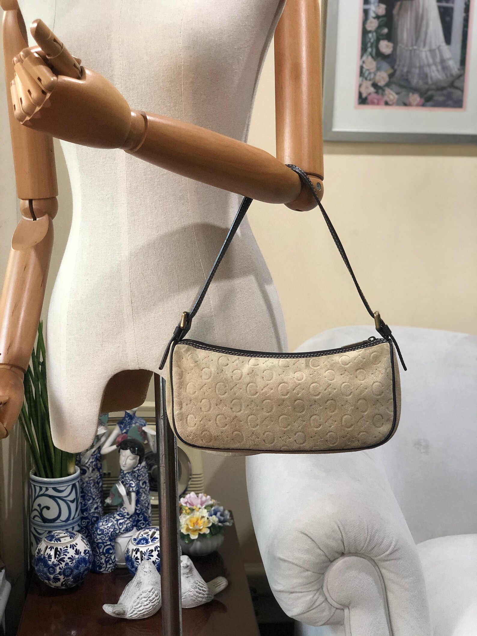 Celine Shoulder Bag Authentic Beige Macadam Suede Small Hobo Etsy