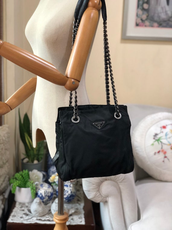Prada Silver Chain Tote Dark Gray Nylon Shoulder Bag - Etsy