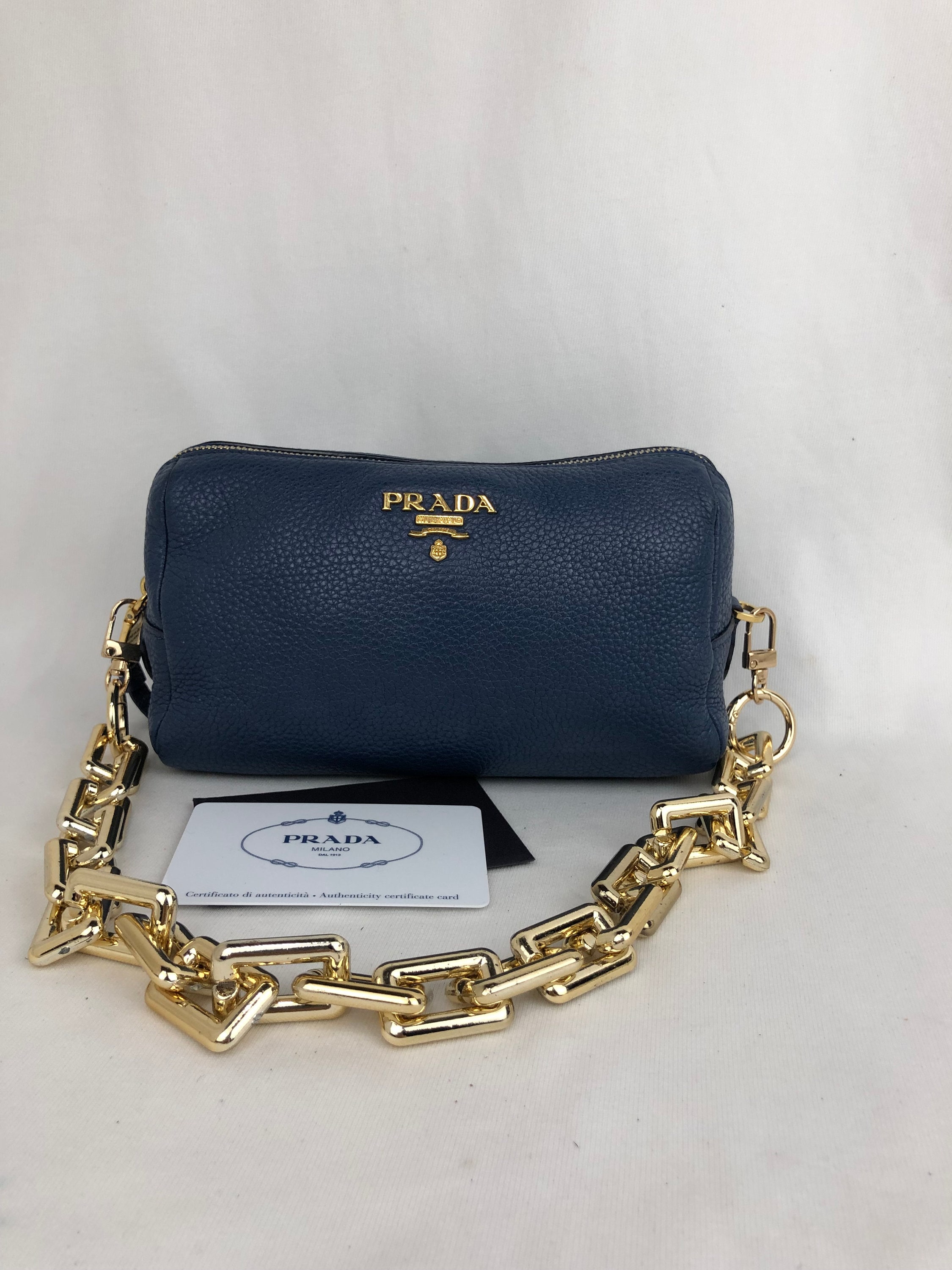 Prada Blue Leather Clutch Added Chain Strap Shoulder/handbag 