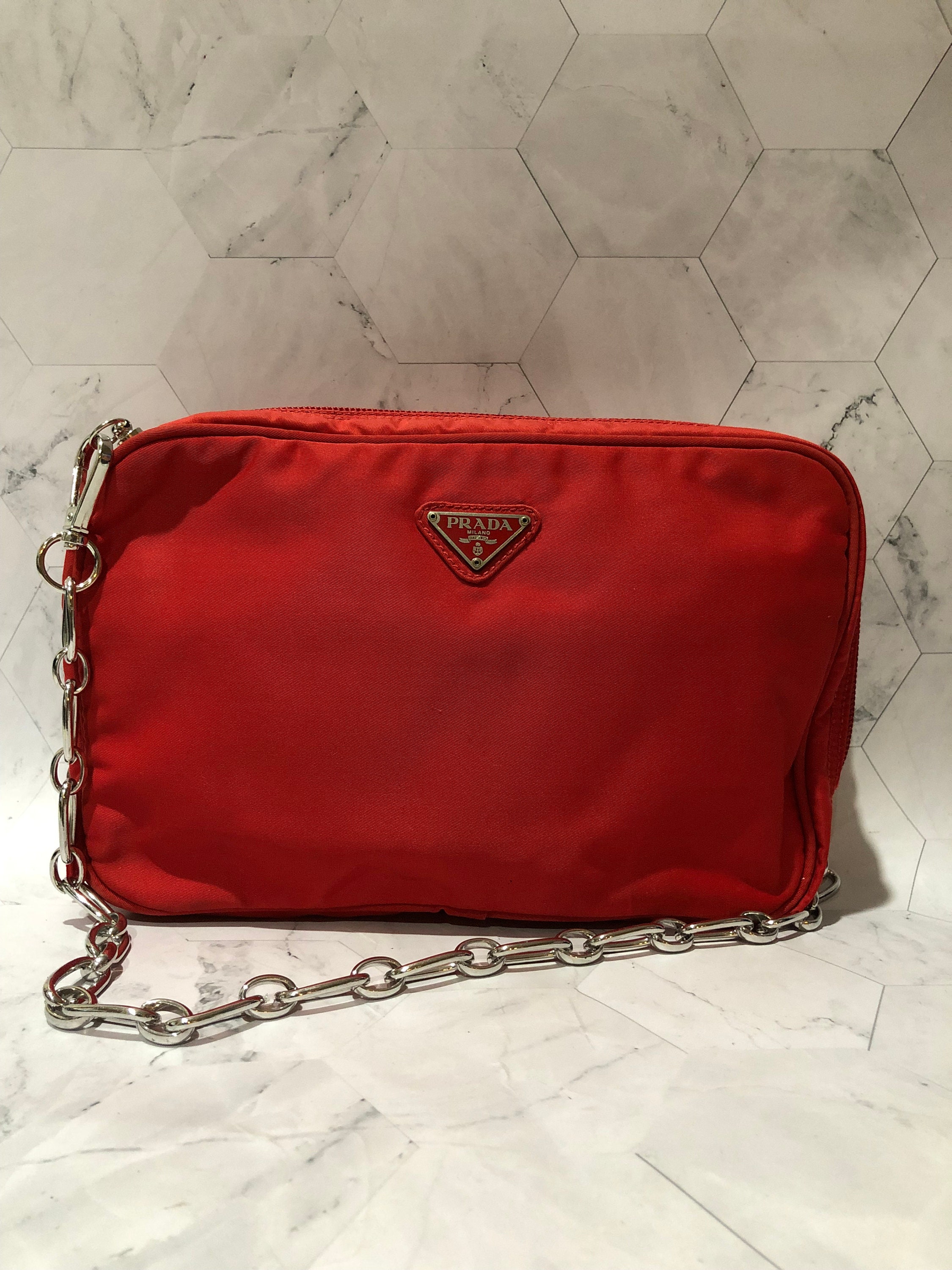 Prada Cosmetic Clutch Red Nylon Added Chain Strap Shoulder Bag -  Israel