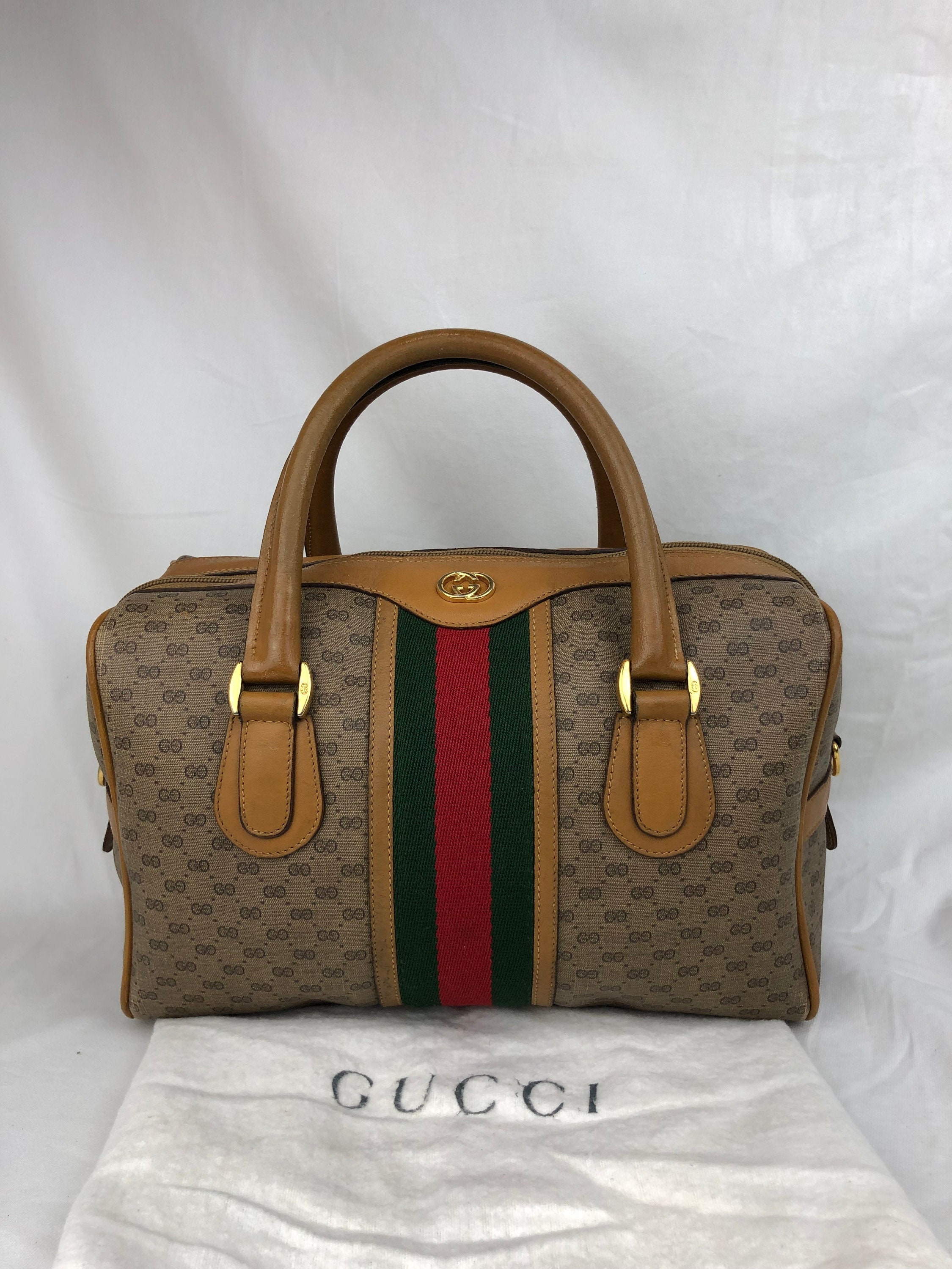 Certified Authentic Gucci Boston Bag Vintage handbag GG travel bag Canvas  Sherry Line brown Canvas - Leather pre -owned gucci -Made in Italy