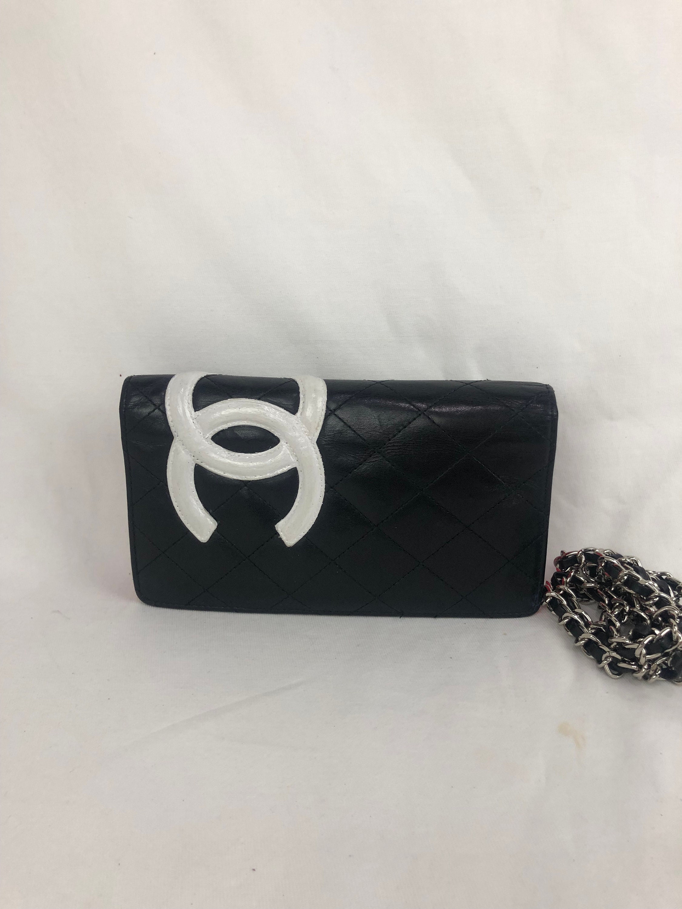 Chanel Cambon Long Wallet White CC Logo Black Quilted Leather 