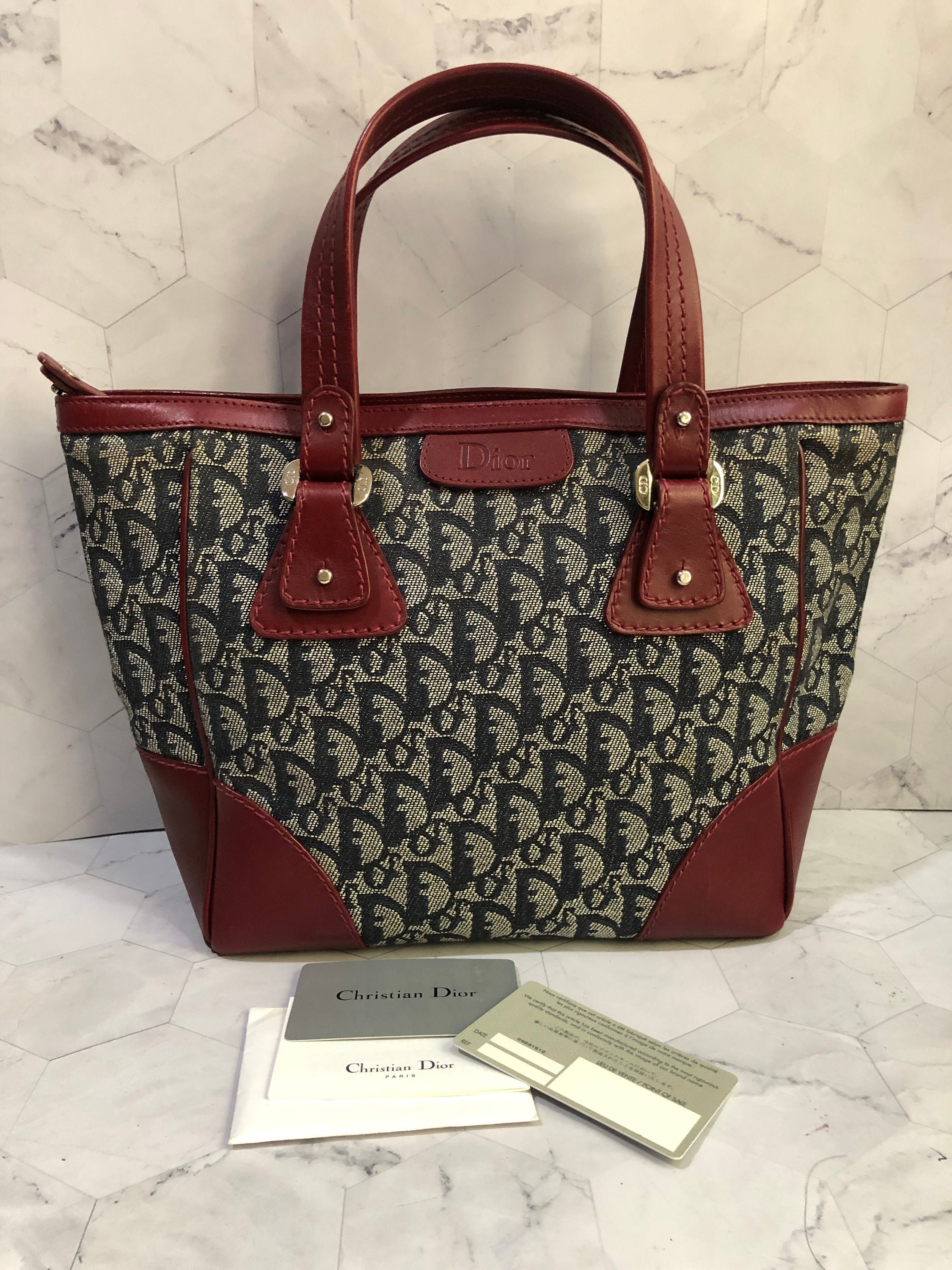 Christian Dior Handbag Navy Blue Trotter Red Leather Trim Strap
