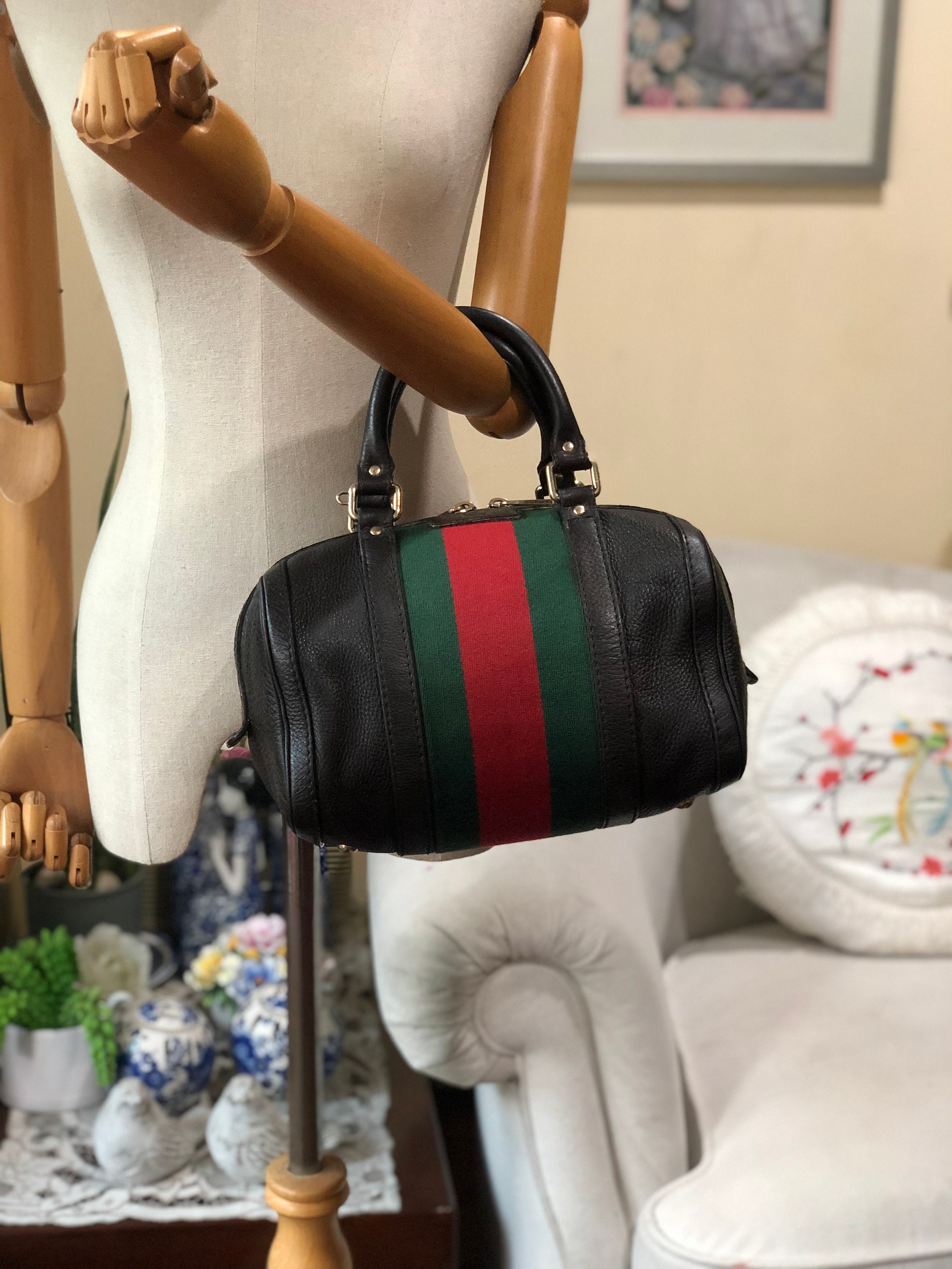 Original Gucci Black Leather Medium Vintage Web Boston Bag