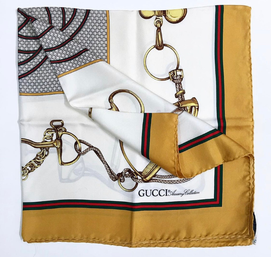 Gucci Vintage Horsebit Scarf Authentic Yellow Red & Green Etsy