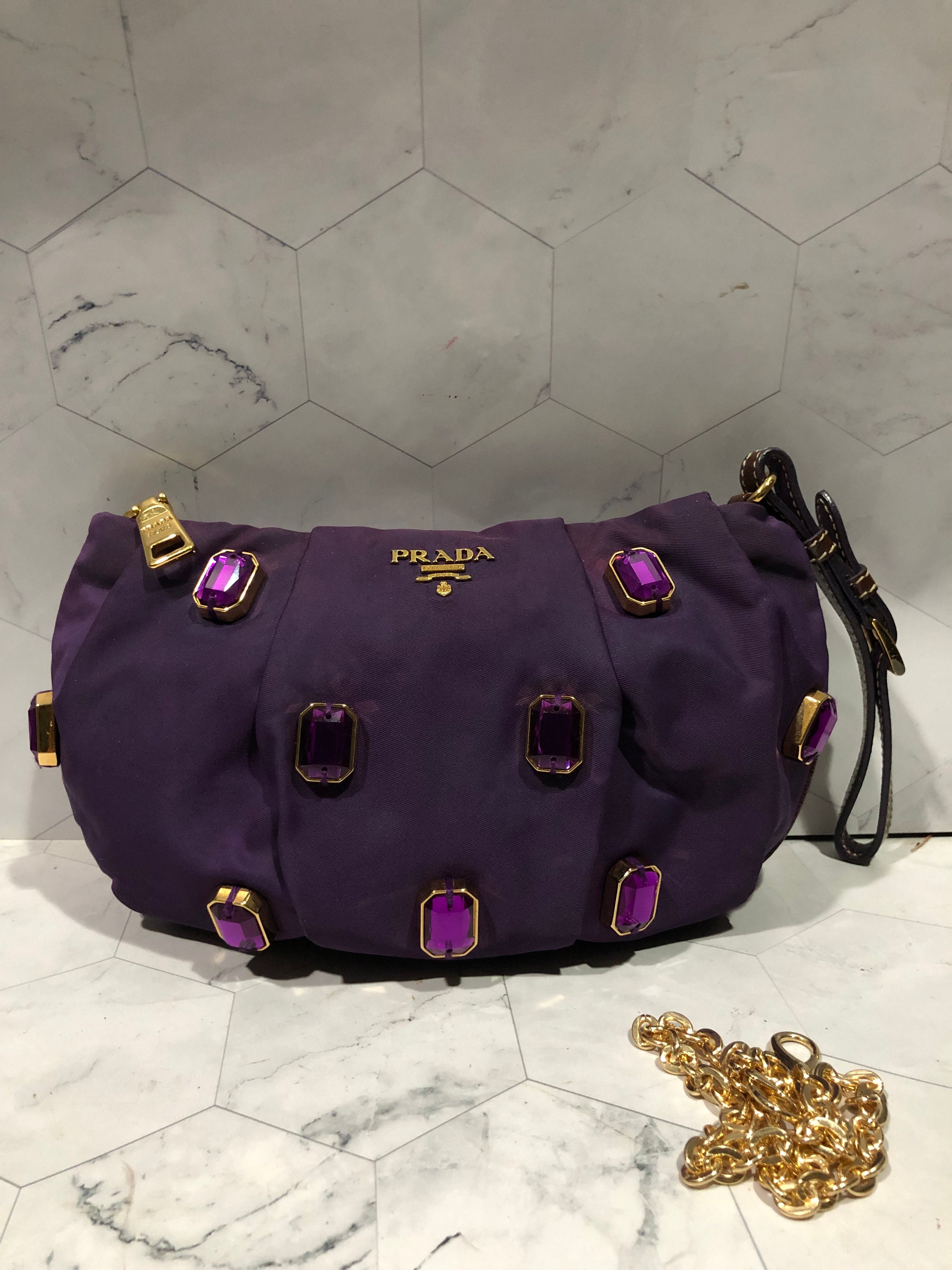 Prada Embellished Purple Nylon Clutch Added Strap Shoulder Bag 