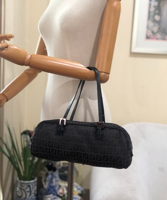 Authentic Fendi Vintage Leather Trimmed Zucchino tote bag handbag