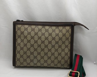 GUCCI Medium Clutch Brown Monogram Coated Canvas Added Strap Crossbody ...