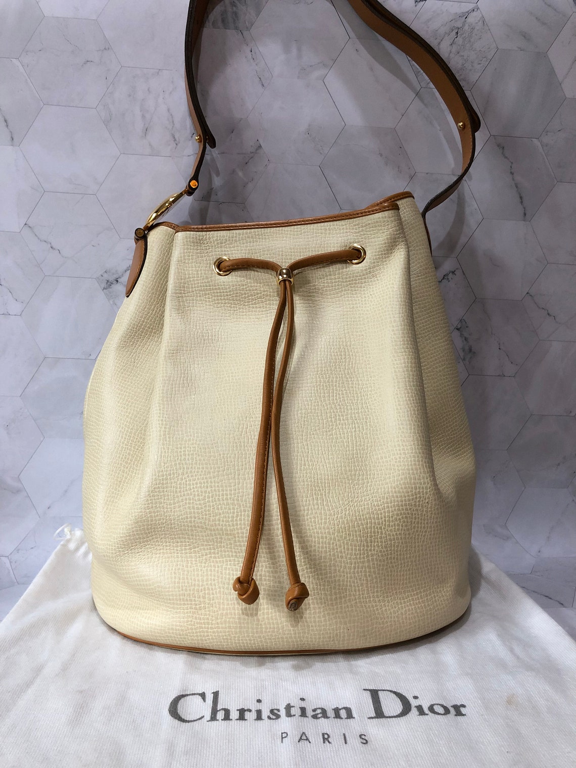 Christian Dior Bucket Bag Authentic Beige Pebble Leather Etsy