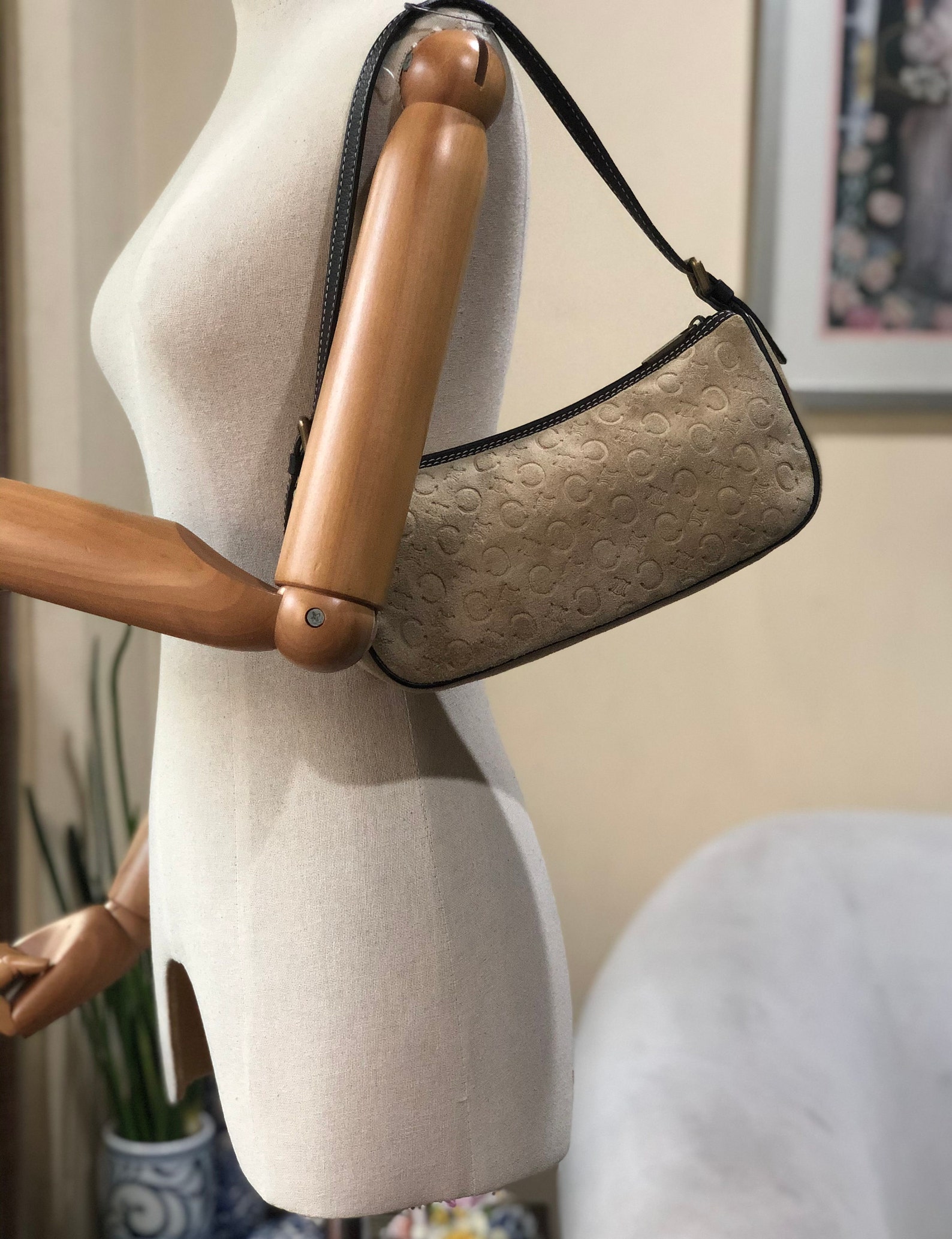 Celine Shoulder Bag Authentic Beige Macadam Suede Small Hobo Etsy