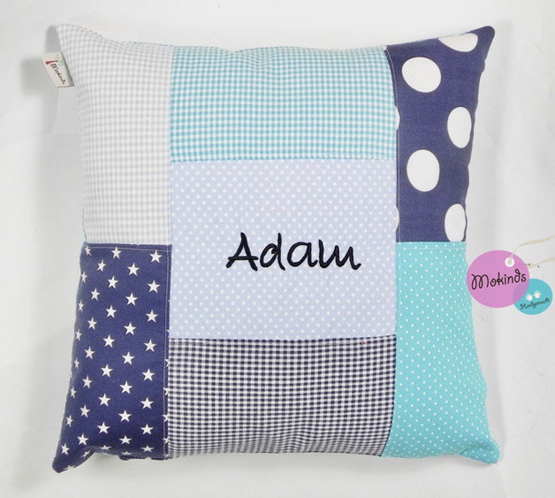 Pillow with name blue tones-white light blue dots&St image 1