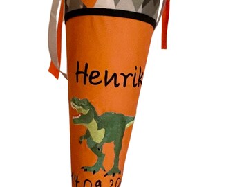 sewn school cone with name T-Rex dinosaur orange grey