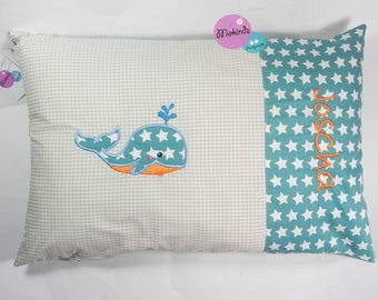 Pillow with name whale beige orange petrol