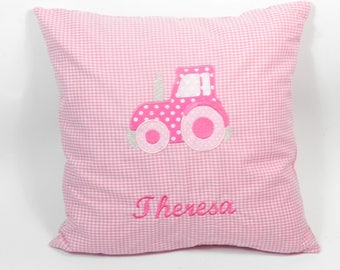 Pillow with name tractor tractor pink girl