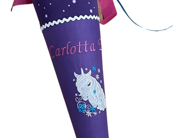 School cone with name unicorn head purple stars