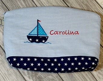 Toiletry bag with name sailboat blue red