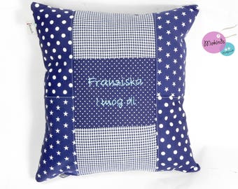 Patchwork pillow with name dark blue