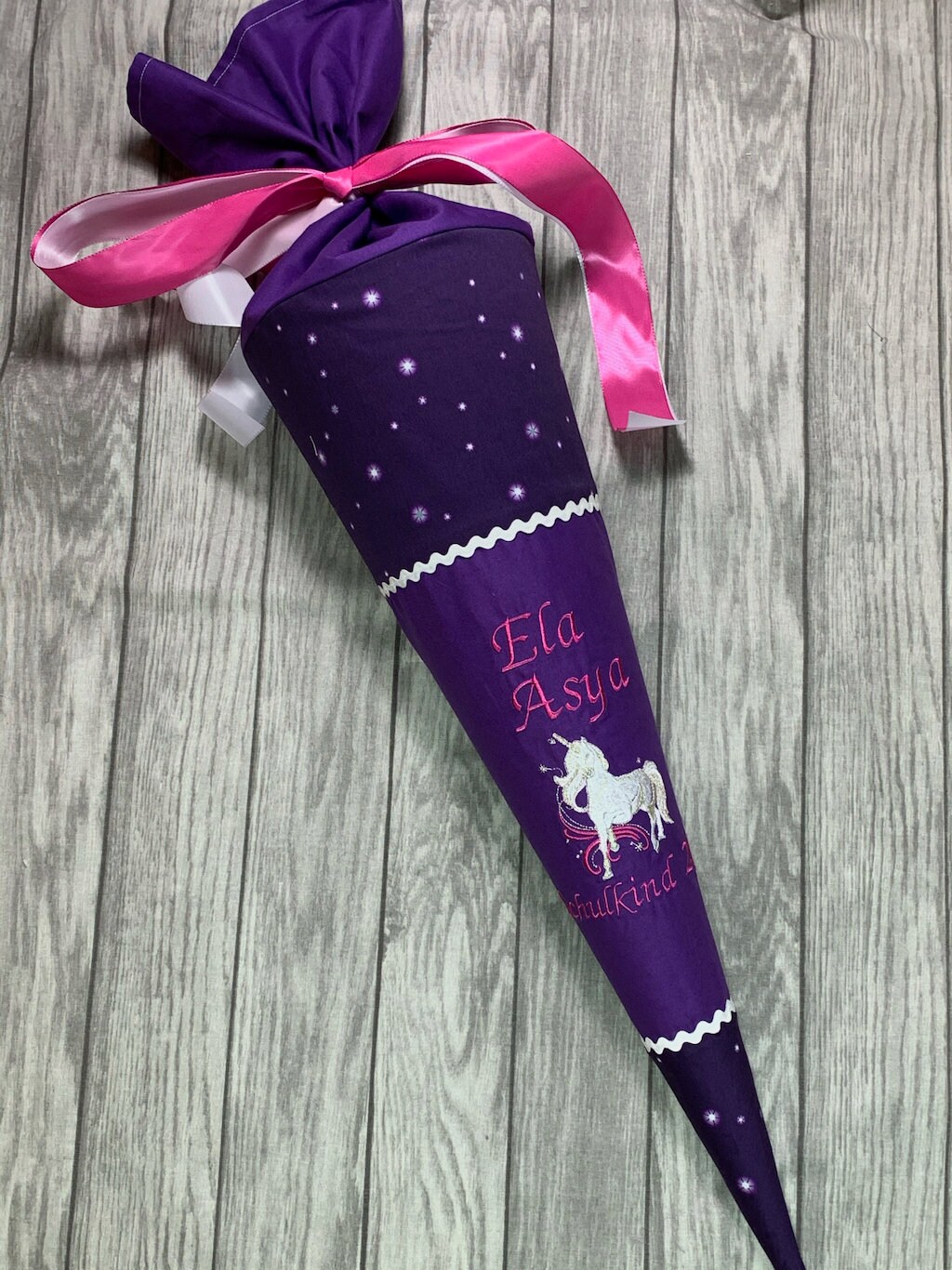 Schultüte mit Namen Einhorn Sterne lila | Etsy