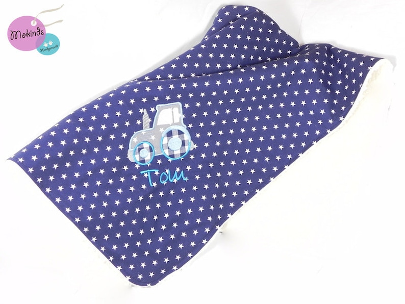 baby boy pushchair blanket dark blue stars Baby blanket with name cuddly rug tractor