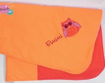 Babydecke zur Geburt personalisiert Eule orange Kuscheldecke