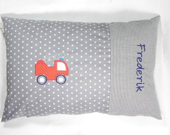 Pillow with name fire brigade 60 x 40, pillow for birth, name pillow, stars, fire engine, birth gift, children's room, personalised