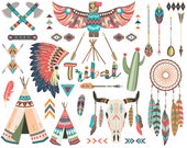 Tribal clip art set, Teepee Tents, Feathers, Arrows, Skull, Bison Cactus, Dream Catcher, Indian Clipart and More 300 DPI High Quality Trb017