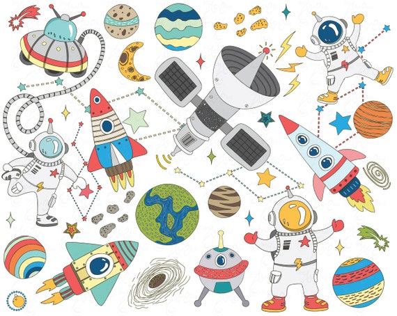 Cute Space Doodler Clipart Outer Space Set Universe Cosmos Outerspace Space Illustration Rocket Planets 300 Dpi Highquality Os007 By Yenzarthaut Catch My Party
