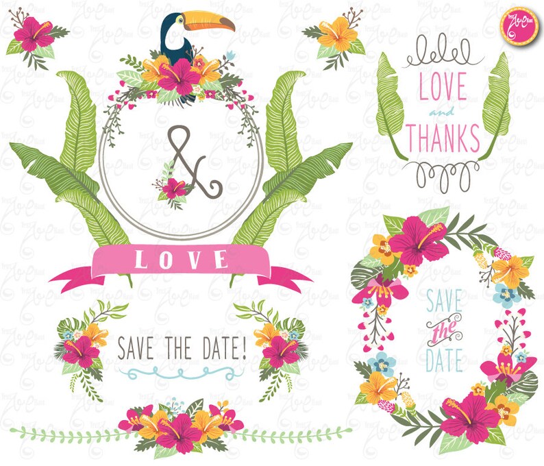 Aloha Wedding Clipart Pack Fl Wreath Clip Art Vintage Flower Frame Save The Date Invitation Wd189 Image 0