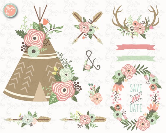 Floral Tribal clip art "FLORAL TEEPEE"Clipart, Floral, Teepee, Antlers, Wedding, Tribal, Wreath. 25 Png files.300 dpi.Instant Download Wd146 Il_570xn
