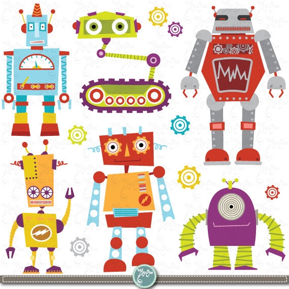 Robots Clipart Pack "CUTE ROBOTS" digital clip art, Cute Robots, Robots, Funny Robot perfect for scrapbooking, invitations, party card Rb003 Il_570xn