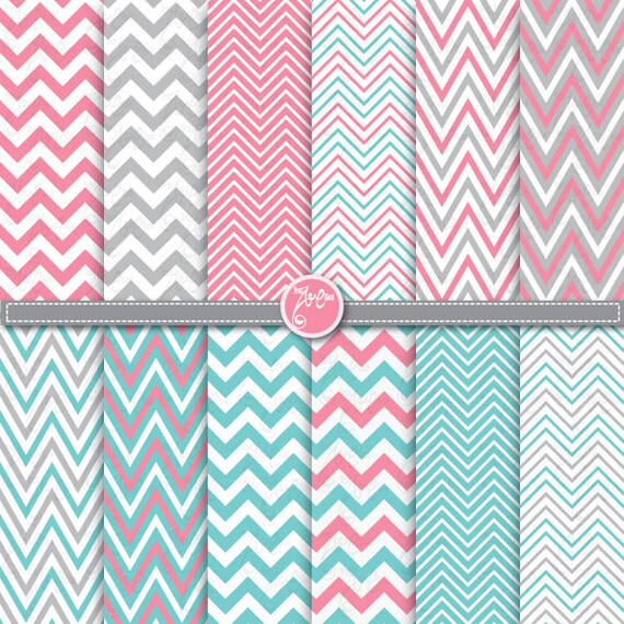 chevron digital paper pack ,pink aqua blue grey digital paper Clip Art Printable for Scrapbooking, Cards, Party paper ,Invitations Dp045 Il_570xn