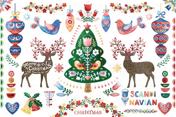 Watercolor Christmas clipart, Watercolor Scandinavian, Folk Christmas, Xmas, Flower, Christmas tree, Scandinavian clipart. 41 images CM101 Il_570xn