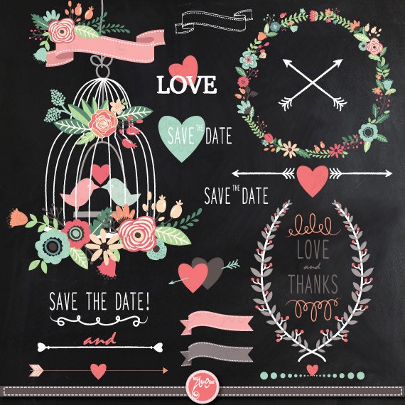 Chalkboard Wedding Clipart "CHALKBOARD WEDDING" clip art, Laurels Clip Art, Floral Frames, Wreath, Wedding invitaion Instant Download Wd032. Il_570xn