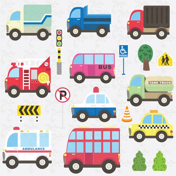 Transportation clip art "Cute Vehicles" Set, Police car, Ambulance, Truck, London Bus, Road Sign, Fire Engine, 21 Png File 300dpi. Ts011 Il_570xn