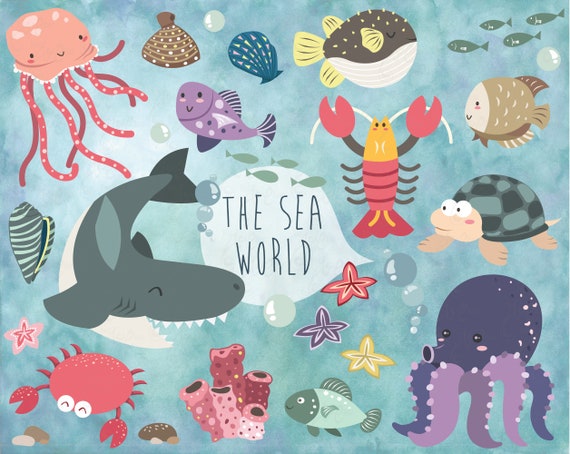 The Sea World, Sea Life Clipart, Underwater, Shark, Octopus, Crab, Jelly Fish, Ocean Animal, Lobster, Coral. 30 PNG images 300 dpi. Sl001 Il_570xn