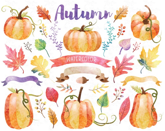 Autumn Watercolor Clipart Pumpkins Watercolor Autumn Leaves