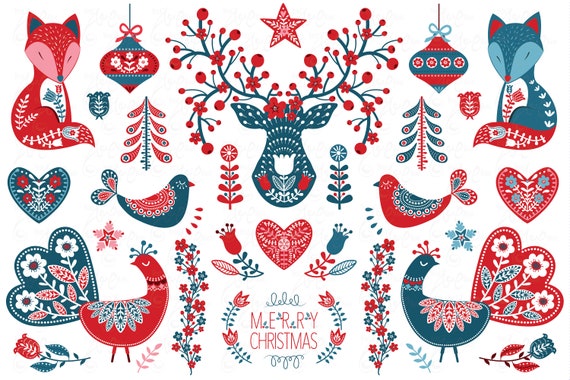 Scandinavian christmas clipart, Folk art christmas, Christmas clipart, Flower christmas, Woodland, Scandinavian clipart. 45 images CM095 Il_570xn