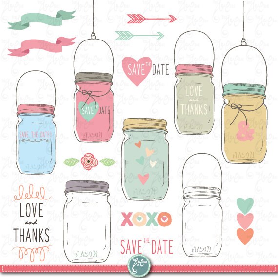 Mason Jar Clipart Pack Wedding Mason Jar Clip Art Etsy