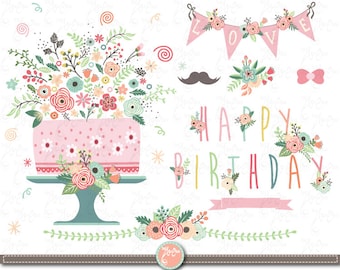 Flower Birthday clip art "FLORAL BIRTHDAY" clipart, Vintage Flowers, Floral, Birthday, Flowers, Birthday Card, Greeting Card Bd014