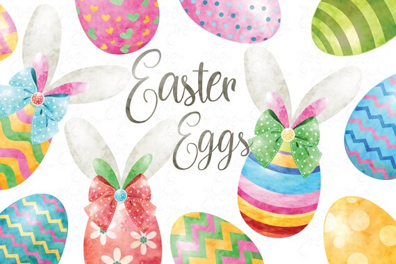 Watercolor Easter Eggs Clipart, Bunny Ear, Ribbon, Watercolor, Easter, Rabbit, Vintage, Silhouette, Happy Easter, Newborn, Eggs. Ed060 Il_570xn